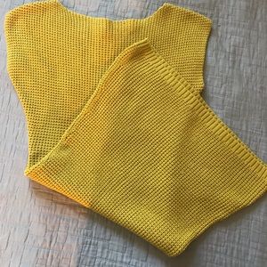 Gold knit sweater dress.